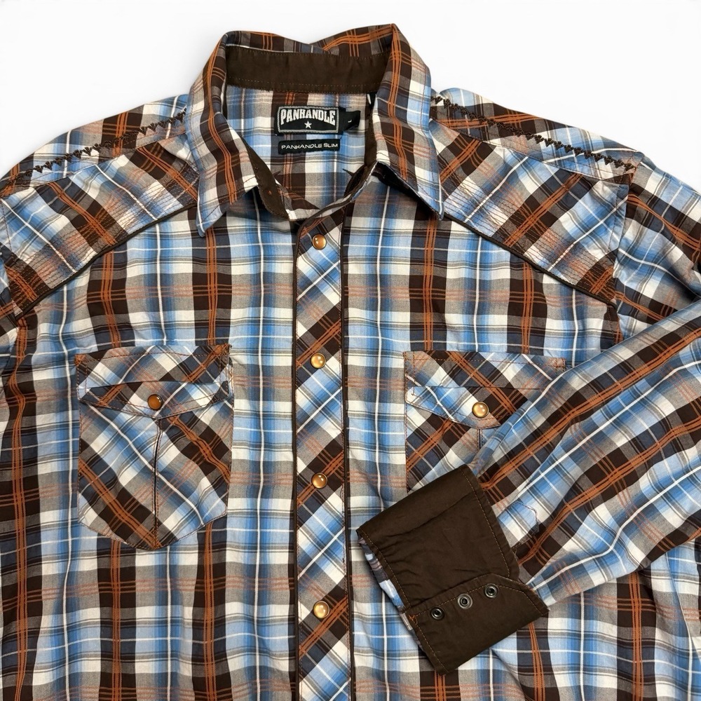 Panhandle Slim Large Shirt Western Texas Plaid Blue Brown Pearl Snaps 90 Proof - Picture 2 of 13